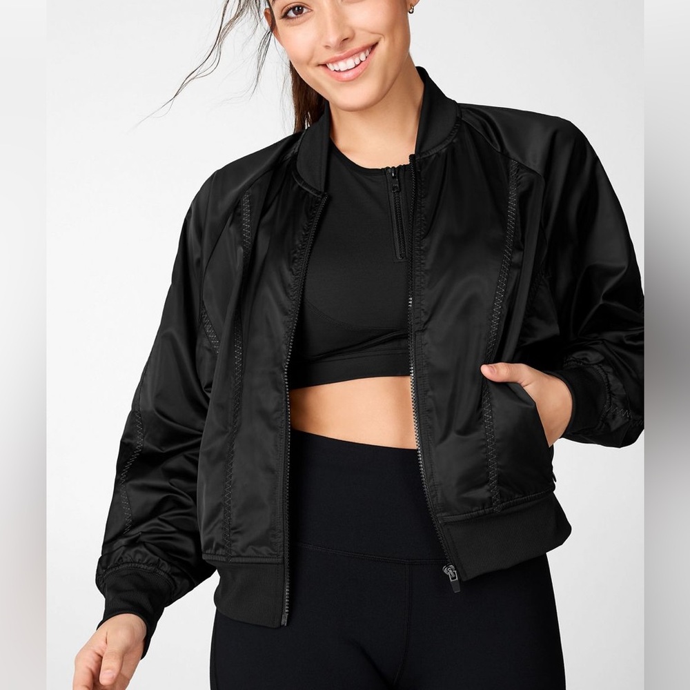 Fabletics Black Bomber Jacket with Ribbed Trim Demi Lovato Small